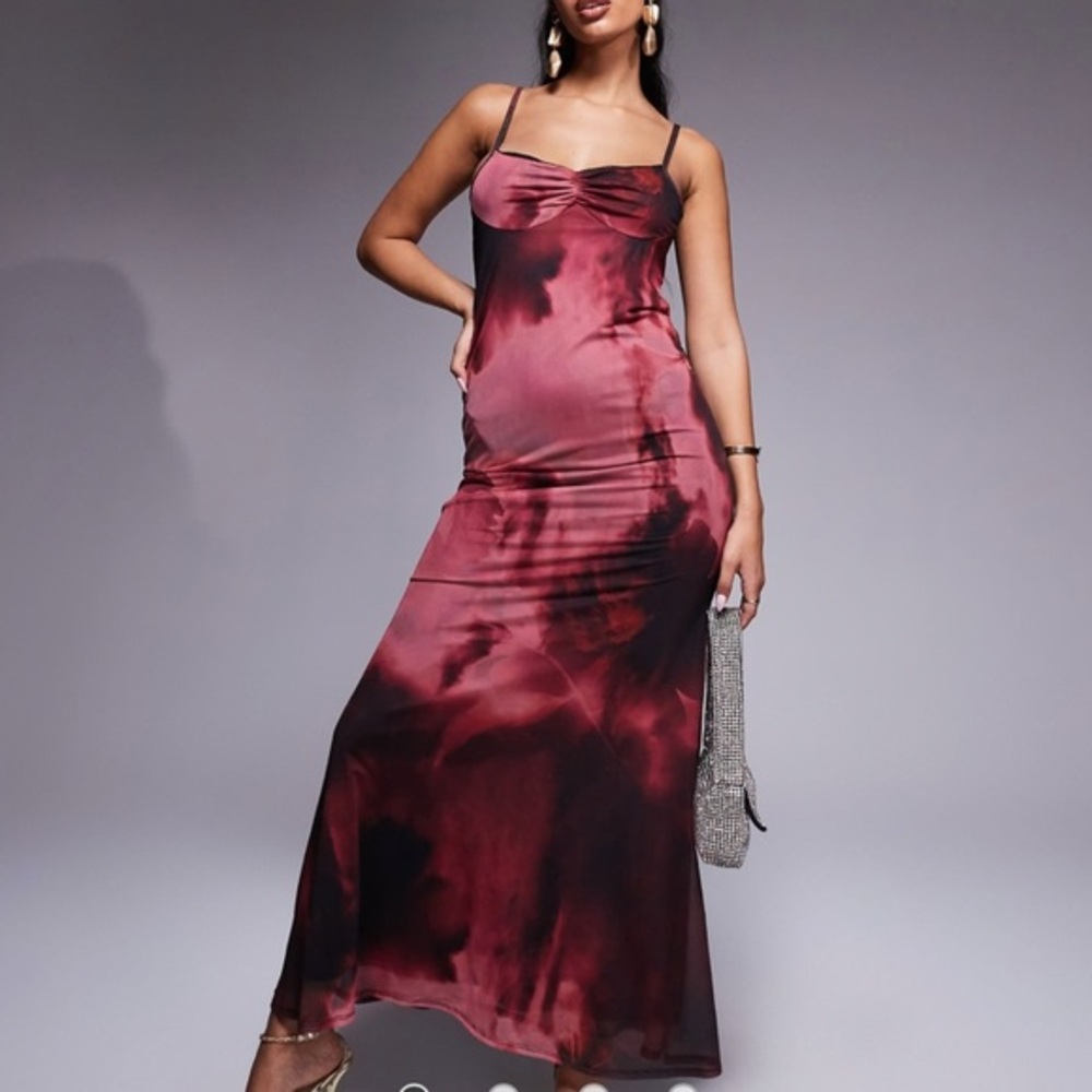 ASOS DESIGN mesh cupped detail fishtail maxi dress in pink abstract print 4